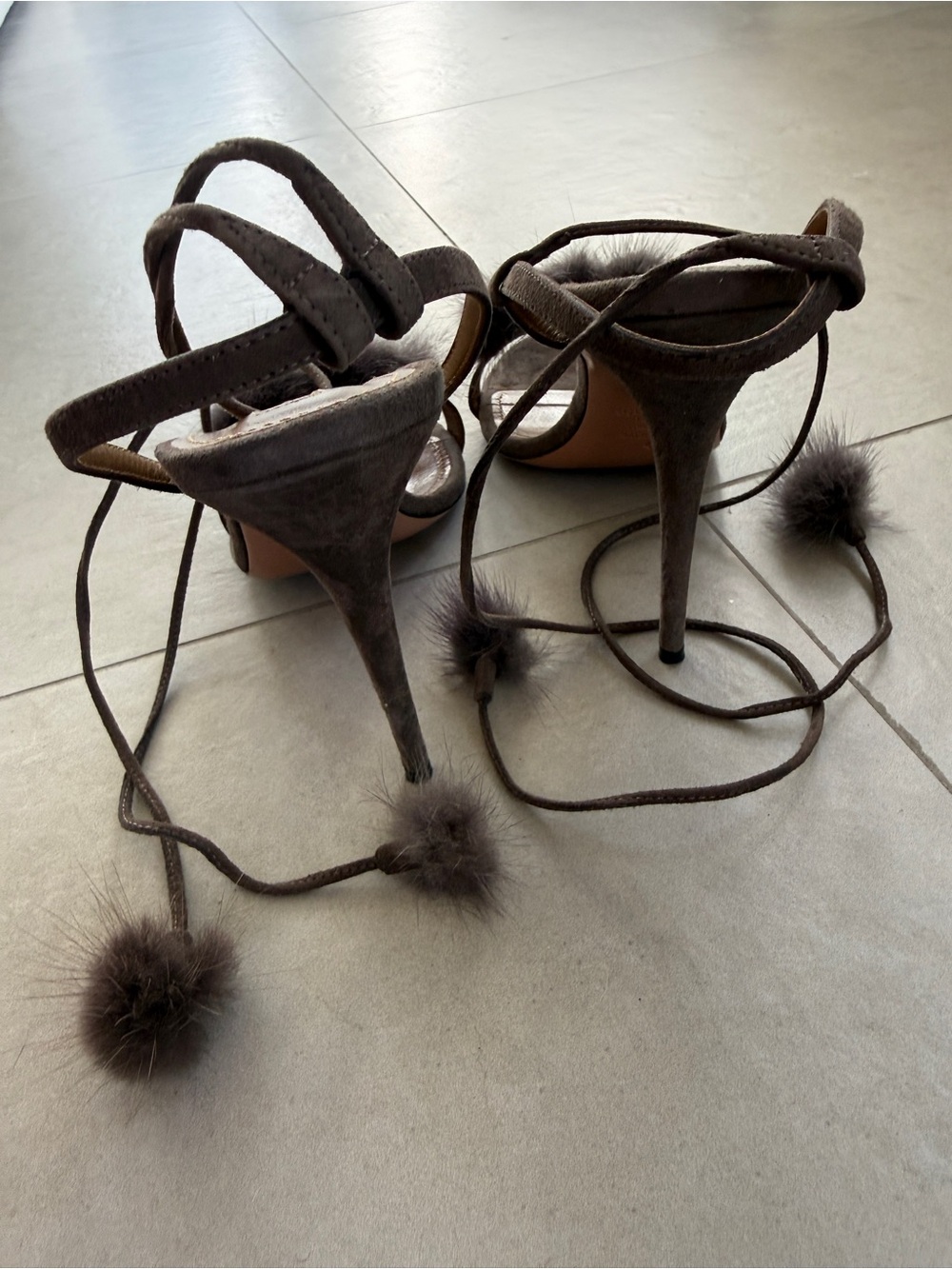 Aquazzura Brown Suede Pom-Pom Lace-Up Stilettos - Picture 2 of 5